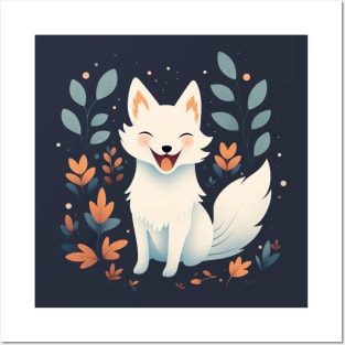 Happy Smiling White Fox Floral Cute Posters and Art